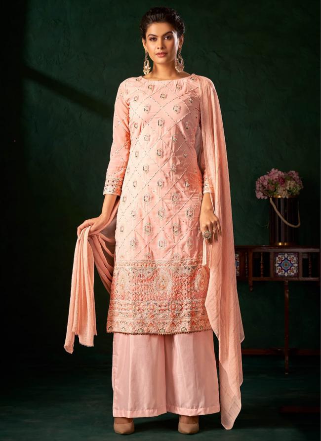 Pure Viscose Peach Party Wear Khatli Work Plazzo Suit